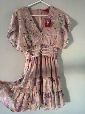 Guess Blush Pink Floral Tiered V-Neck Mini Dress